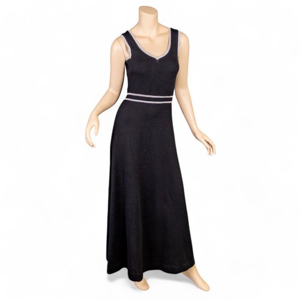 Vintage 70s RONCELLI Black Sleeveless Knit Maxi Dress w/Silver Detailing